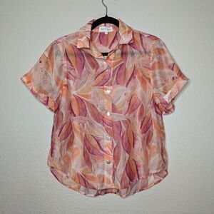 Bella Dahl Pink Orange Leaf Patterned Vacation Resort Casual Button Up Shirt S
